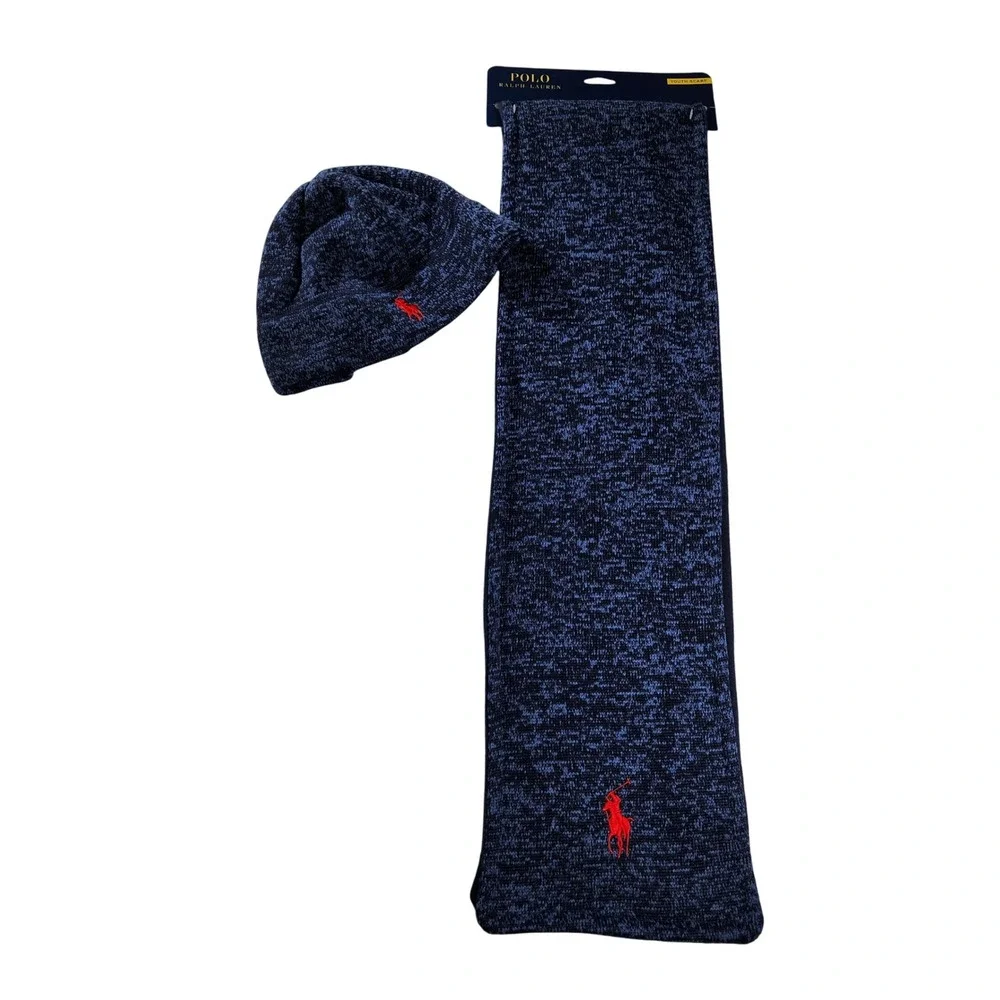 Polo Ralph Lauren Youth Beanie Scarf Set Blue Knit Embroidered Pony Discontinued